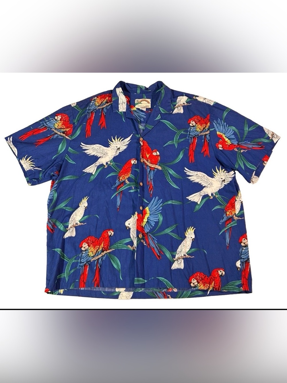 Vintage Paradise Found Magnum PI Hawaiian Shirt 2XL Blue Tropical Parrot Bird